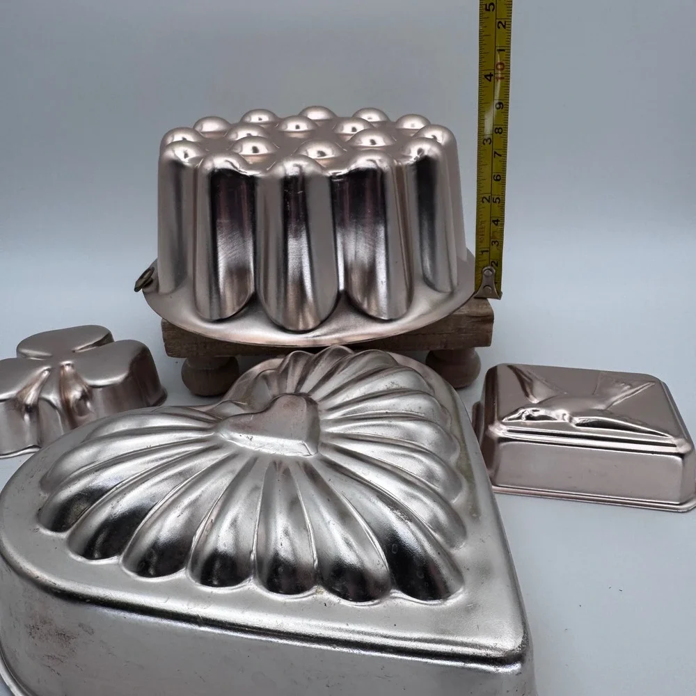 Vintage Copper Aluminum Jello Mold Set Heart Shamrock Bird Fluted 4pc Kitchen